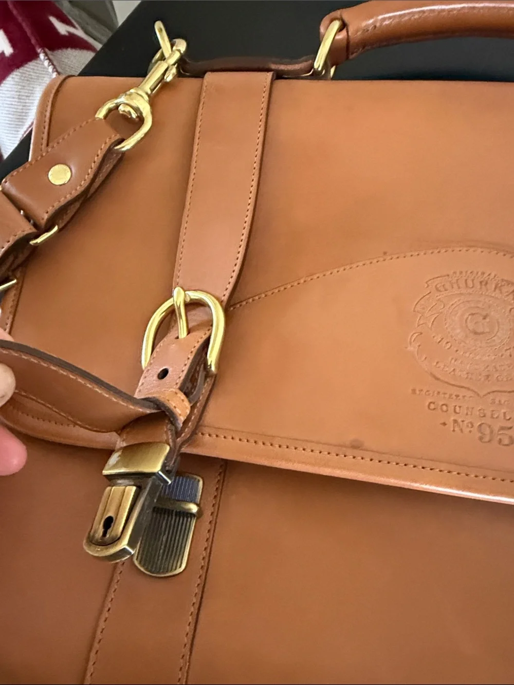 Ghurka Tan Leather Briefcase with Gold Brass Hardware